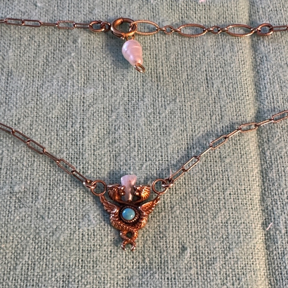 Antique Caduceus Necklace Turquoise Pearl Gold - Picture 2 of 7